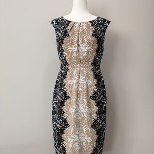 London Times Black, Cream, and Tan Midi Dress